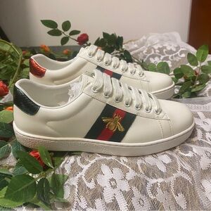 Gucci White Sneakers with Red and Green Accents